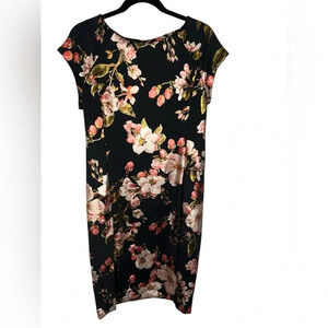 ECI New York Women's Dress 10 Black Pink Floral Shift Self-Lined Knee Length
